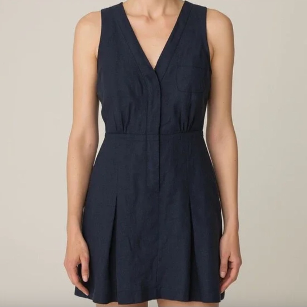 Modcloth Linen Blend Sleeveless Dress Size 14 Navy Blue Button Up‎ Retro